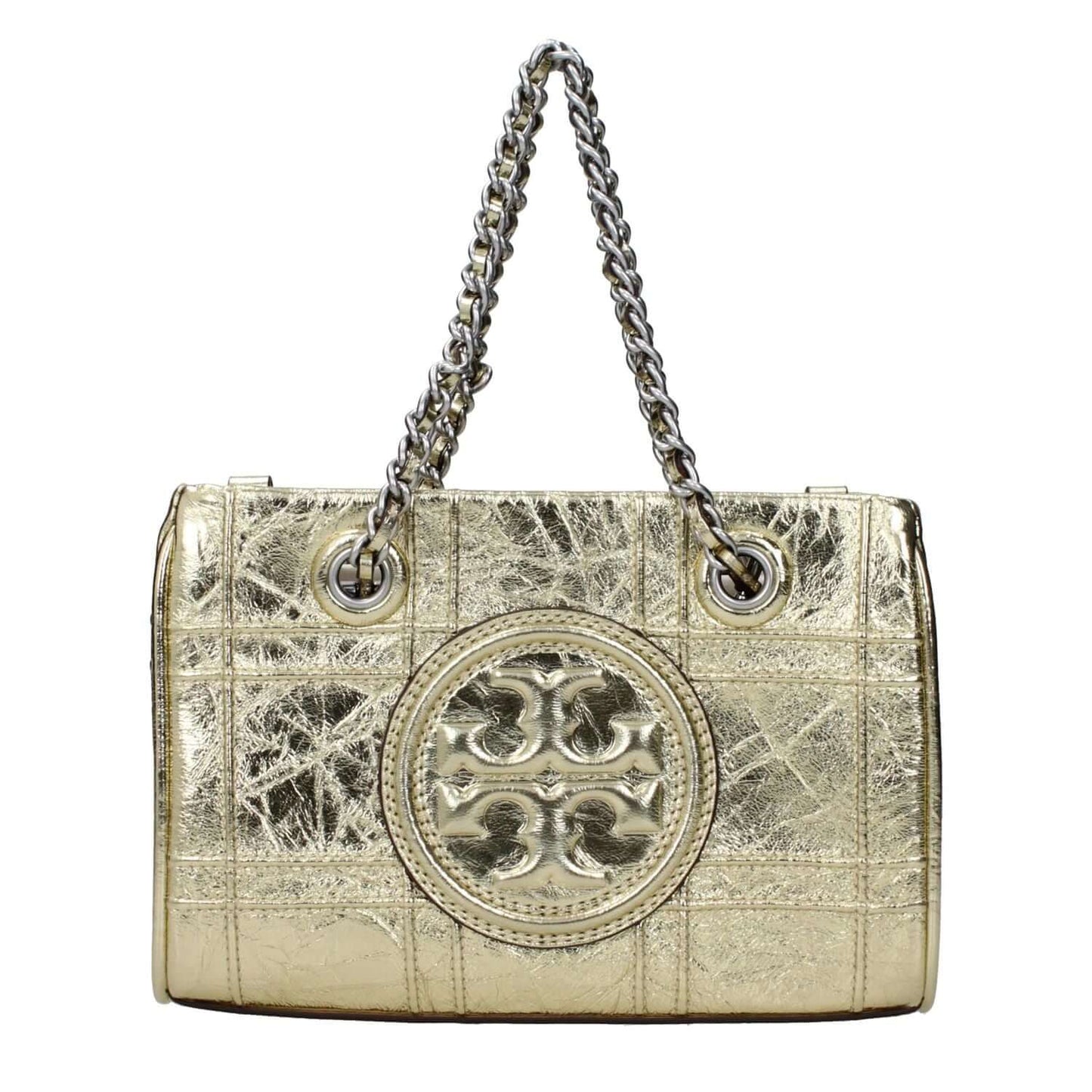 Tory Burch Gold Leather Handbag with front logo and metallic effect, featuring adjustable and removable shoulder strap, mini size.