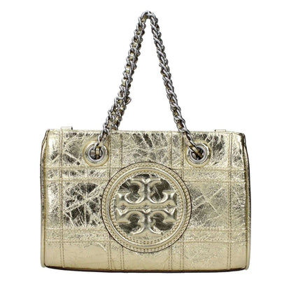 Tory Burch Gold Leather Handbag with front logo and metallic effect, featuring adjustable and removable shoulder strap, mini size.