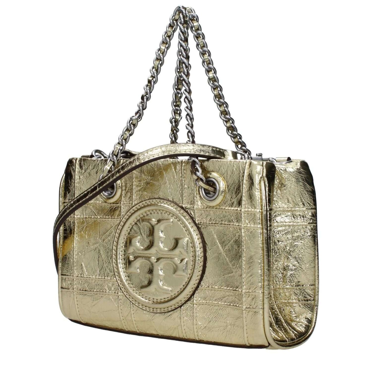 Tory Burch Gold Leather Handbag with logo, adjustable and removable shoulder strap, metallic effect, and magnetic closure.
