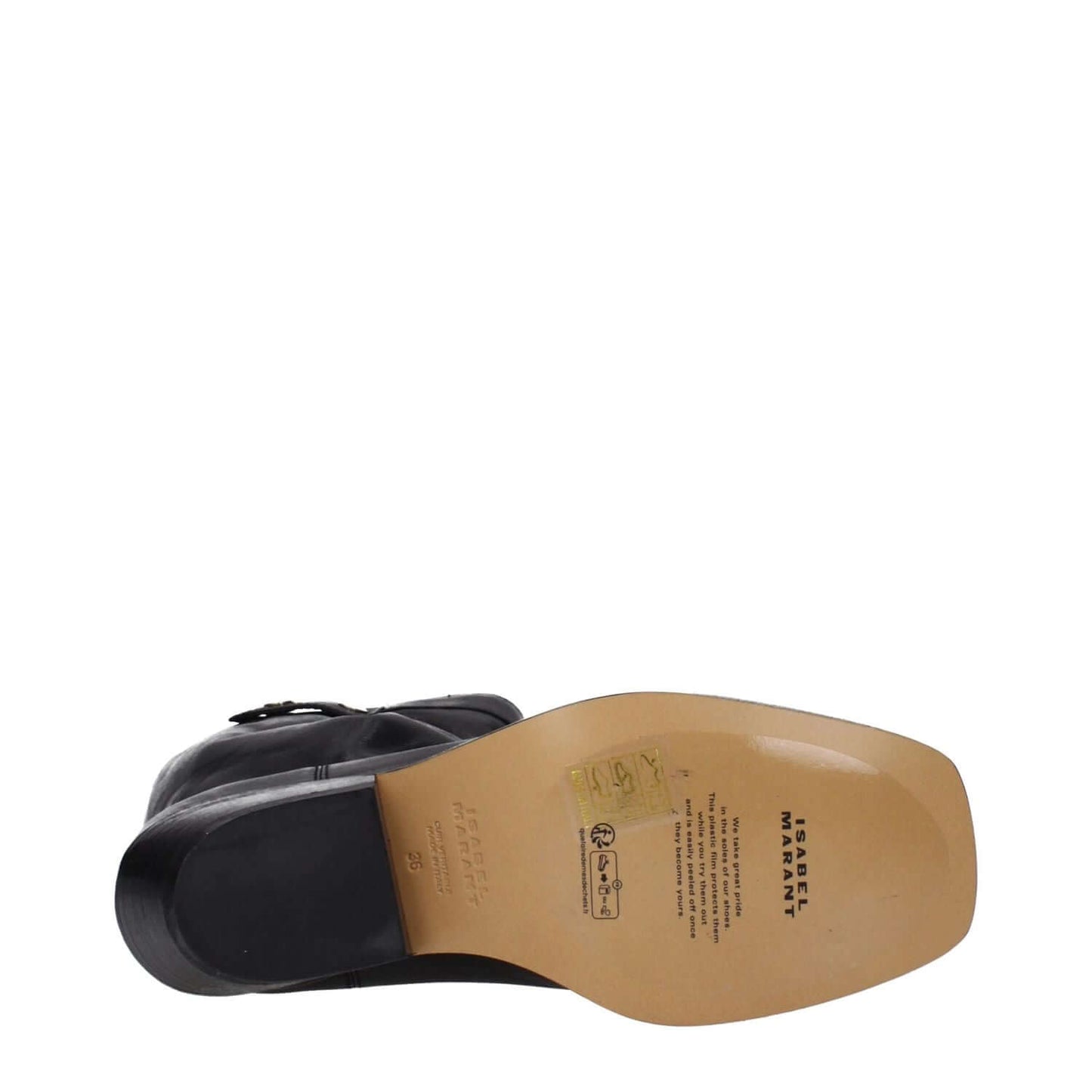 Isabel Marant Black Leather Ankle Boots with leather sole, vintage and aged effect, square toe, and mid heels