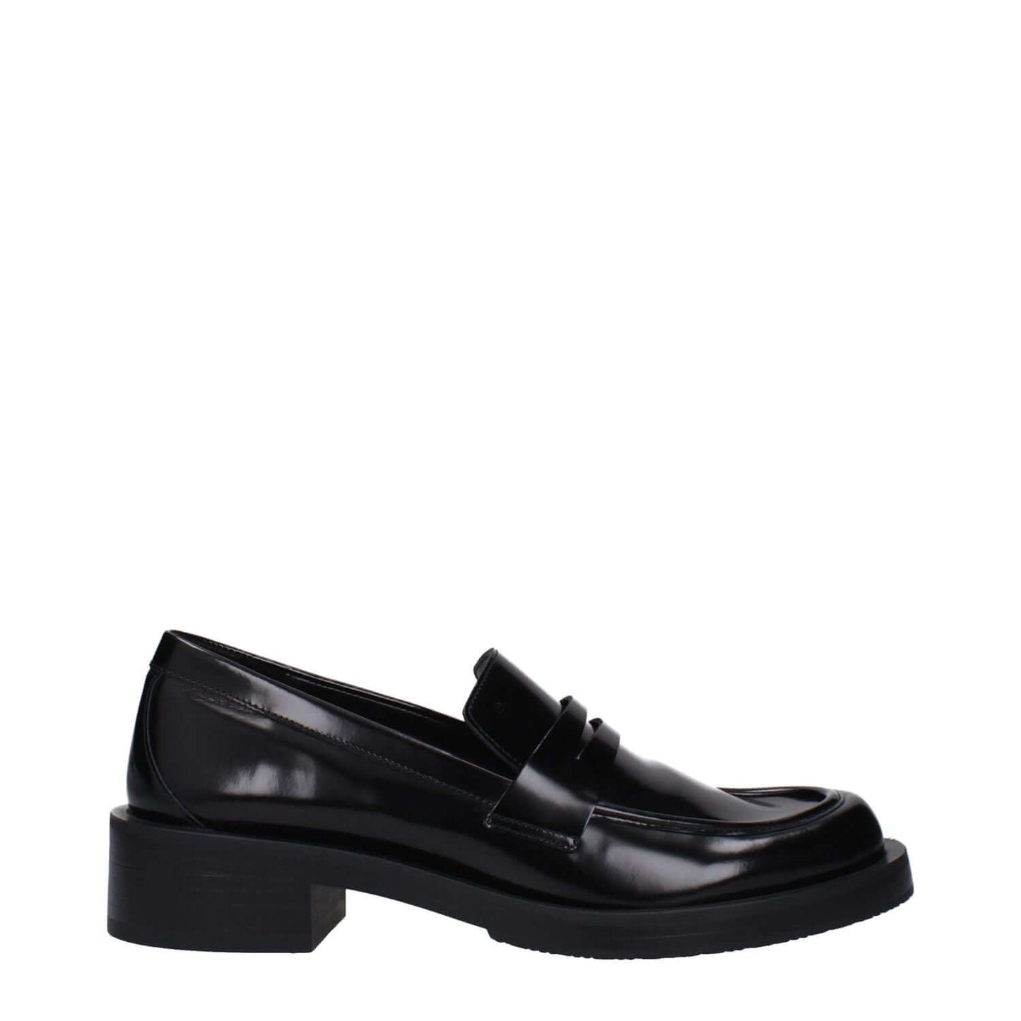 Stuart Weitzman Black Leather Slip-On Loafers with round toe and mid heels, featuring rubber sole and stylish design.