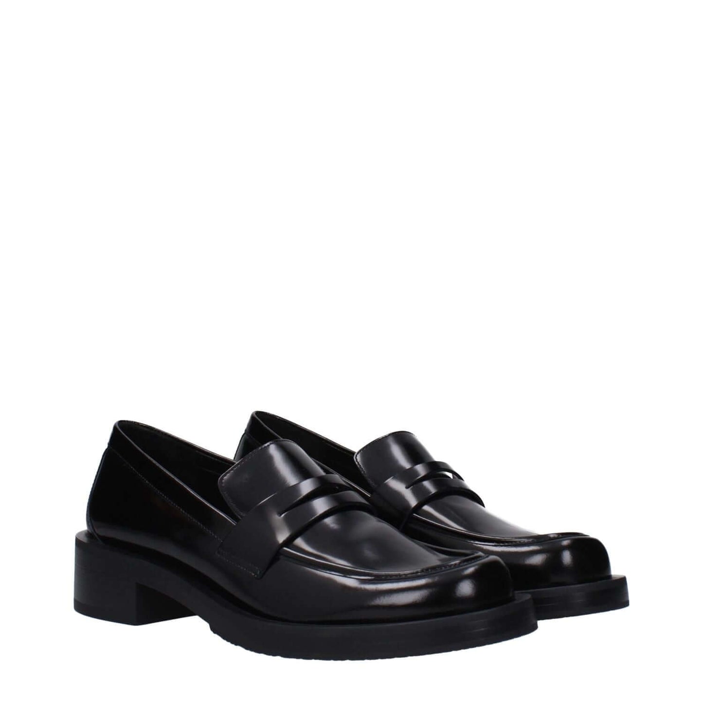 Stuart Weitzman Black Leather Slip-On Loafers with mid heels and round toe design, featuring rubber sole for comfortable fit, style MPN PALMERAPSSG649BLACK