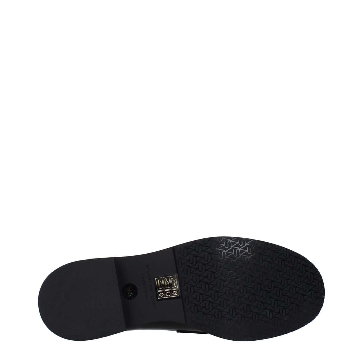 Stuart Weitzman Black Leather Slip-On Loafers sole view showing rubber outsole design and engraved pattern.