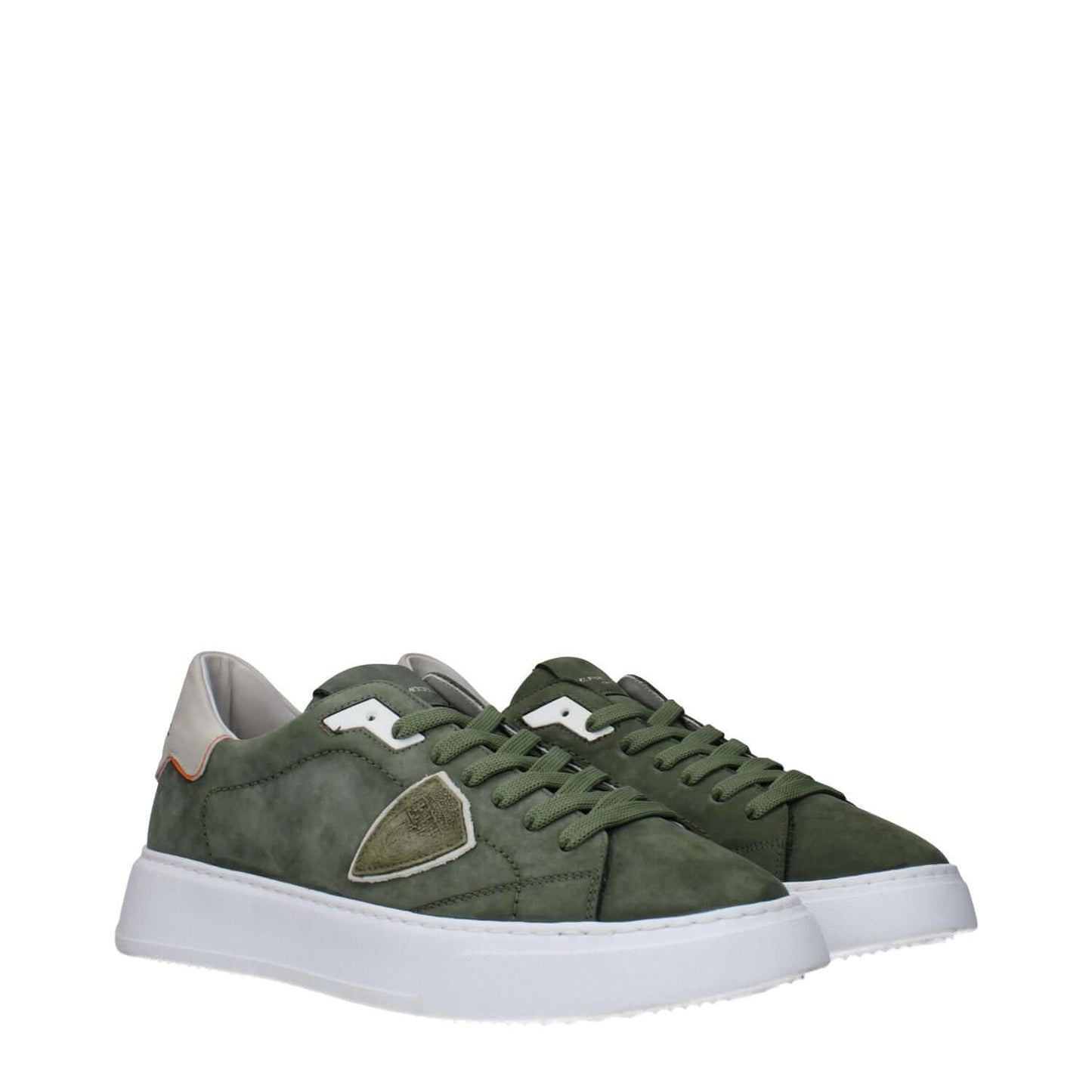 Philippe Model Green Leather Low Top Sneakers with logos and side detail, featuring suede finish and white sole.