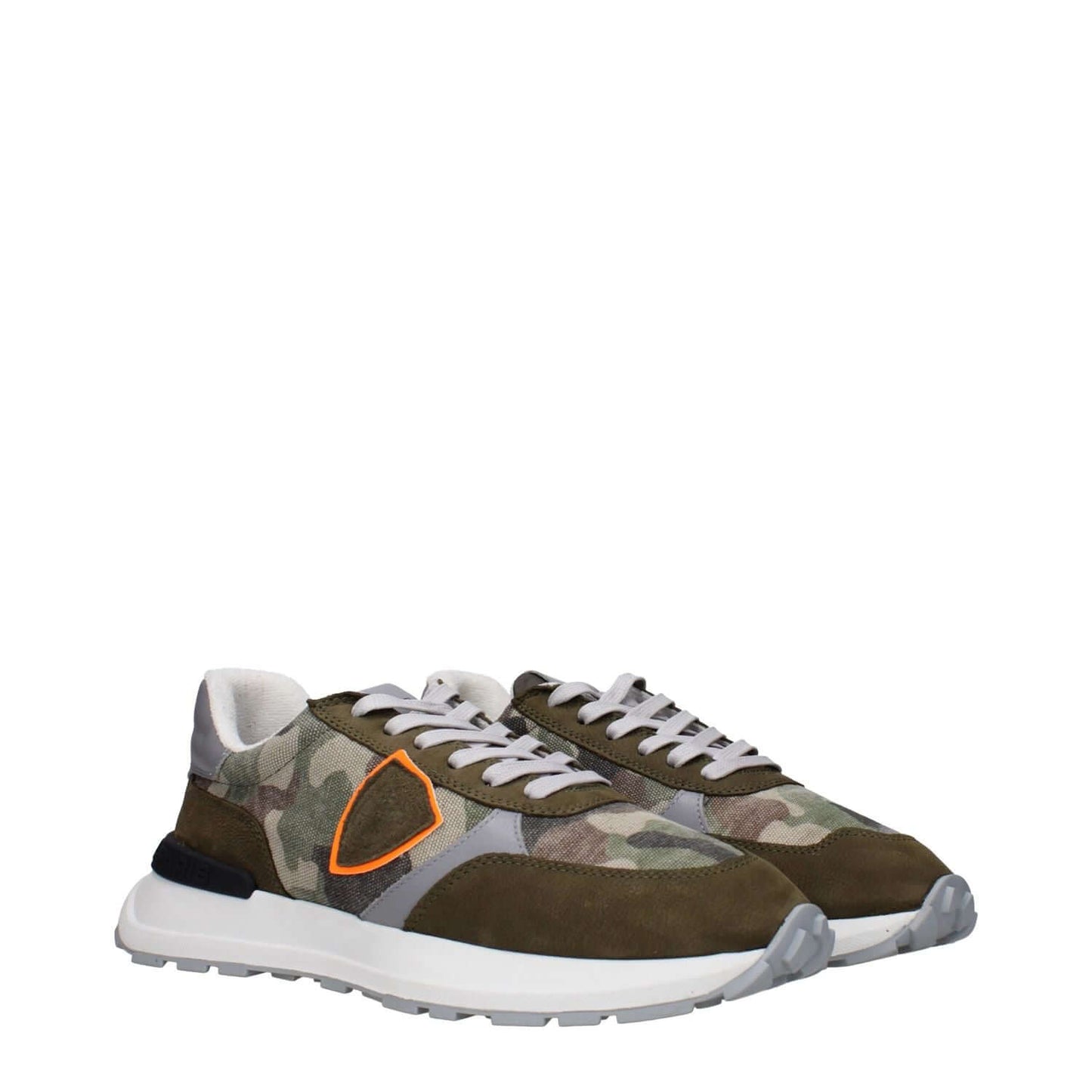 Philippe Model Green Fabric Chunky Sneakers with logos and side detail on white background.