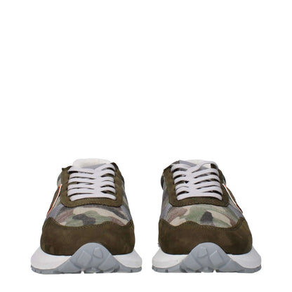 Front view of Philippe Model Green Fabric Chunky Sneakers with camouflage pattern and logos, highlighting design details.