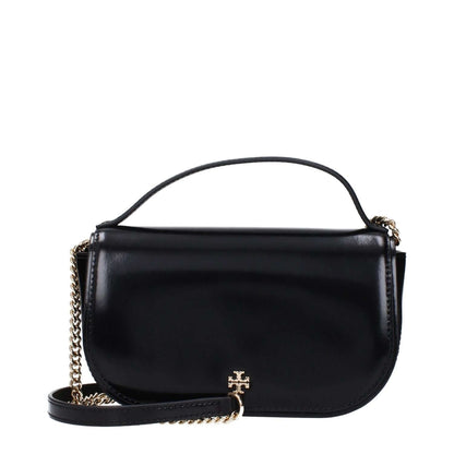 Tory Burch Black Leather Handbag with front logo and adjustable removable shoulder strap, product code F83366.