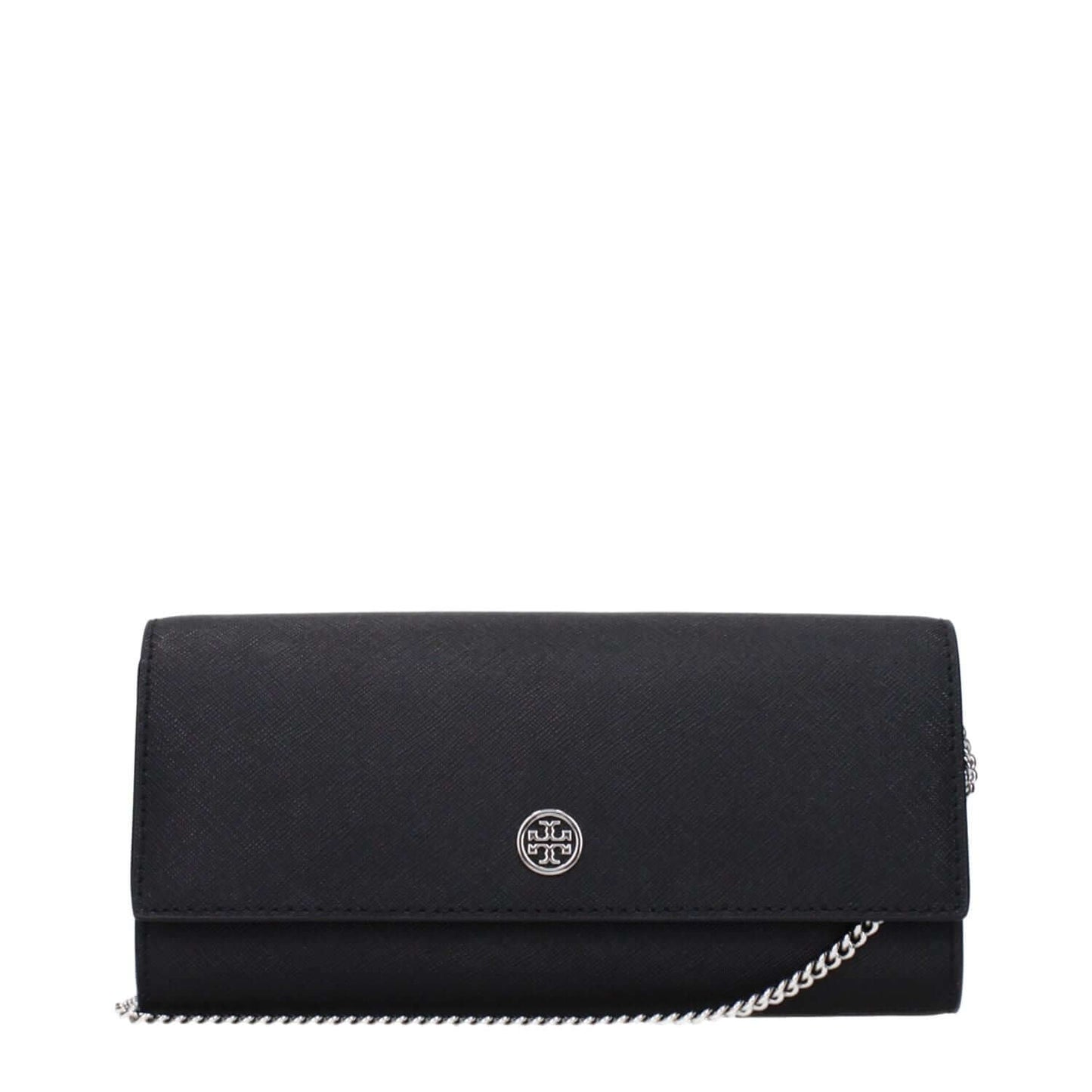 Tory Burch Black Leather Clutch Bag with front logo and removable shoulder strap.