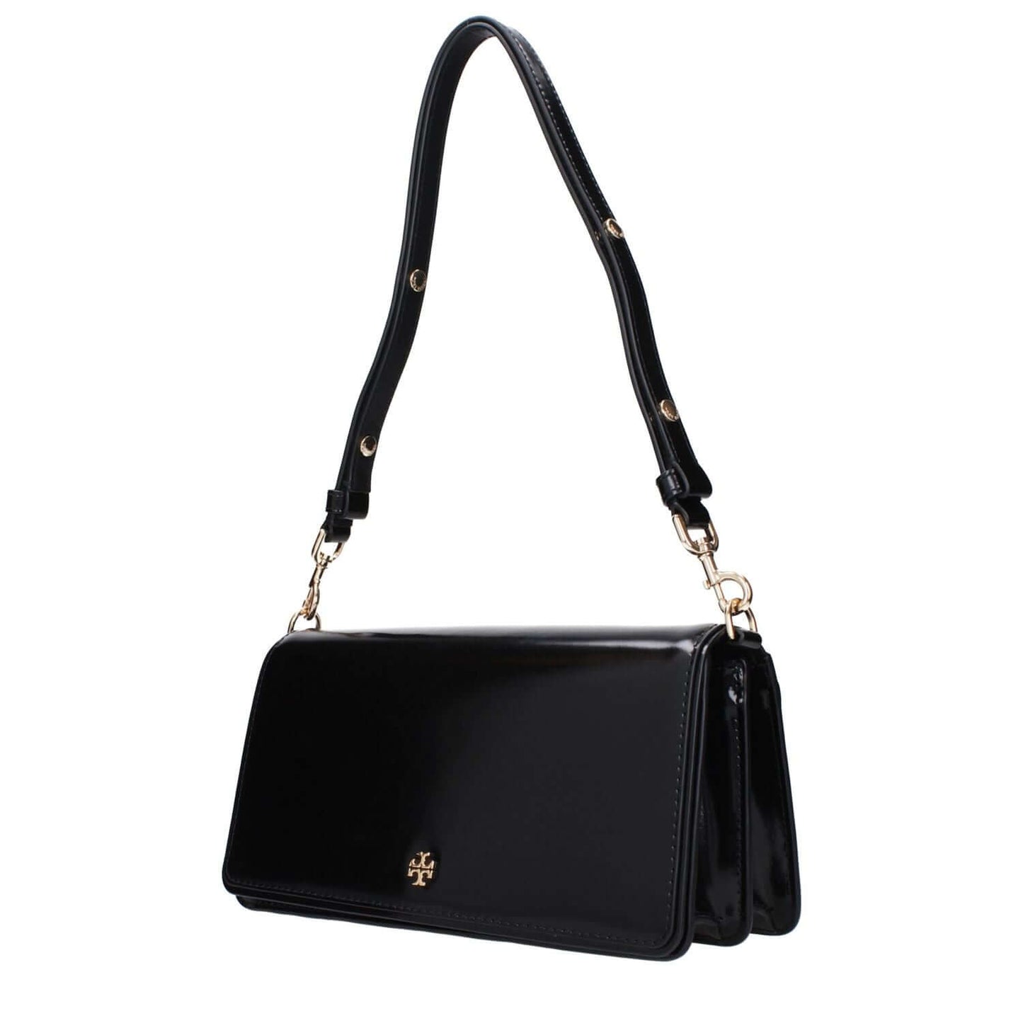 Tory Burch Black Leather Shoulder Bag with adjustable and removable handle, front logo, and divider inner pocket, model MPN 157620001.