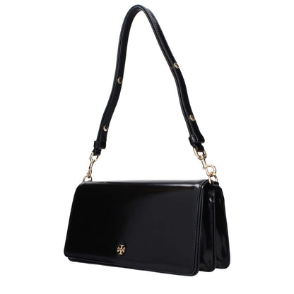 Tory Burch Black Leather Shoulder Bag with adjustable and removable handle, front logo, and divider inner pocket, model MPN 157620001.