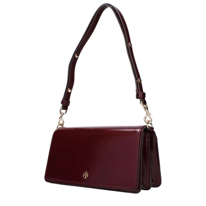 Tory Burch Red Leather Shoulder Bag with front logo, adjustable and removable handle, and divider inner pocket.