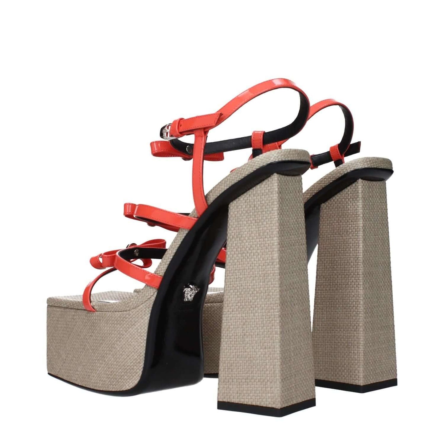 Versace Orange Leather Platform Sandals with patent finish and front logo, featuring high block heels and adjustable straps.