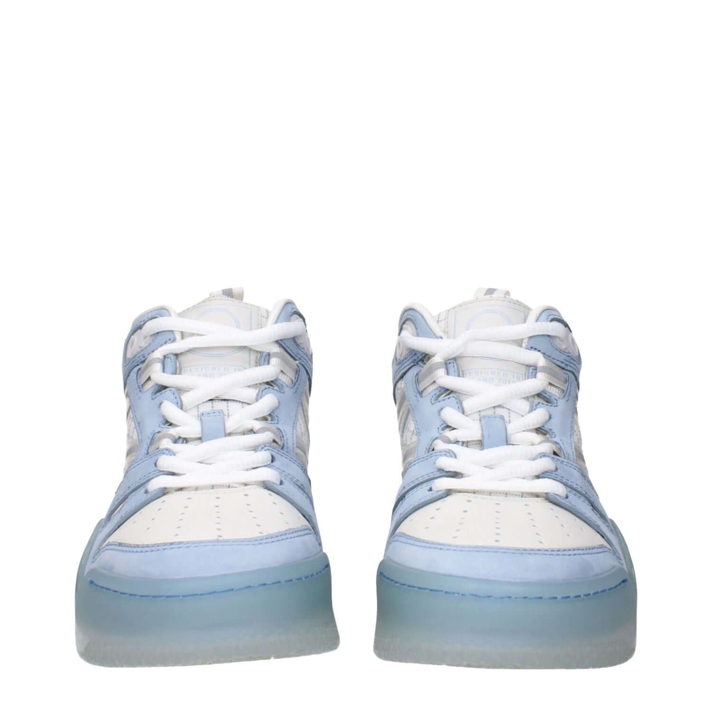 Moncler White Leather High Top Sneakers with logo design in blue and white, featuring front, side, and back logos.