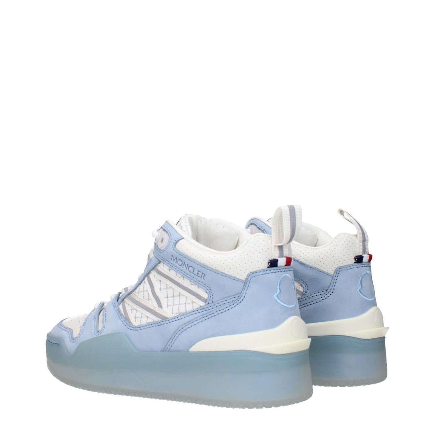 Moncler White Leather High Top Sneakers with logos on front, side, and back, elegant design for stylish footwear enthusiasts.