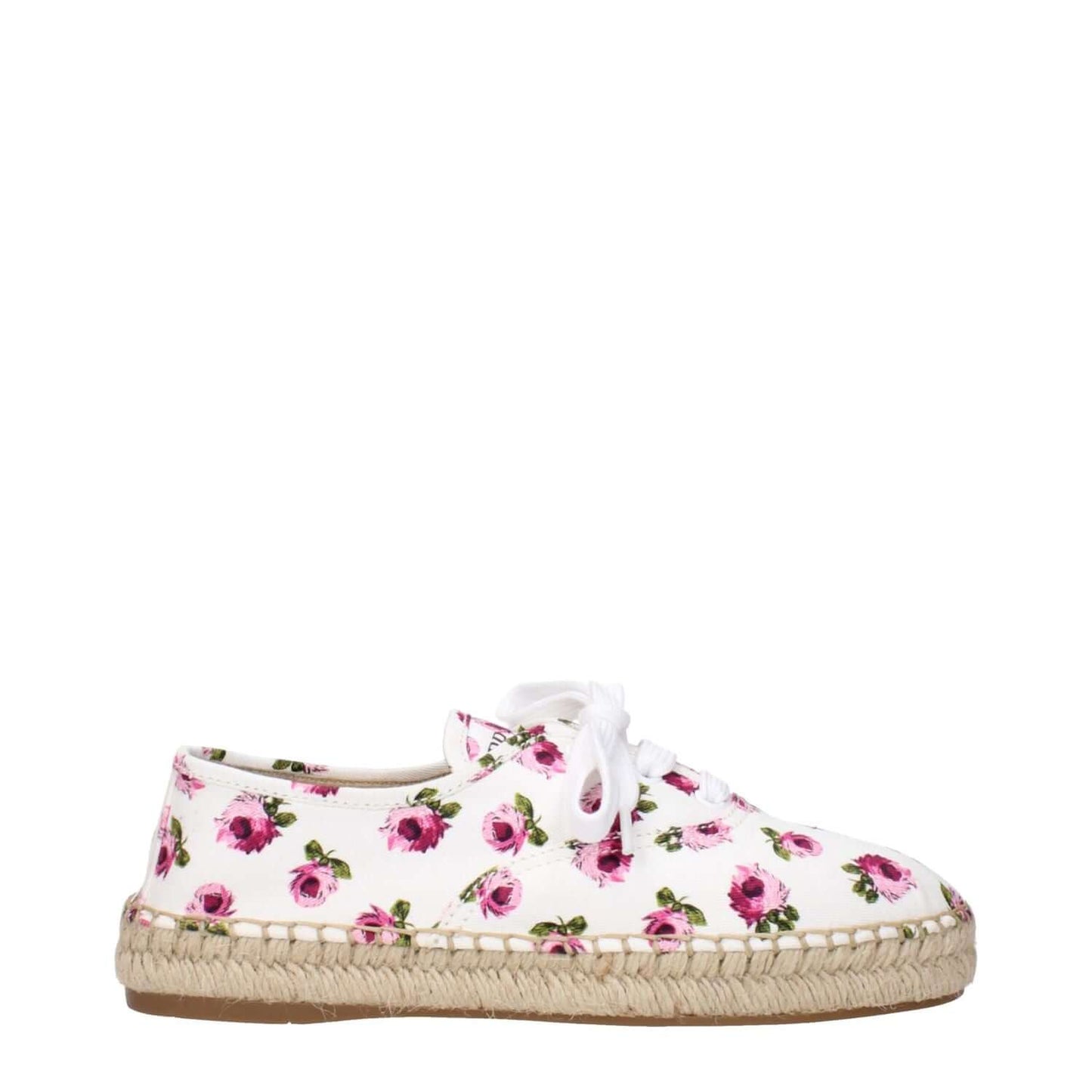 Prada White Fabric Espadrilles with floral design, featuring a woven sole and front logo detail, MPN 1E988L1G3I020F0009.