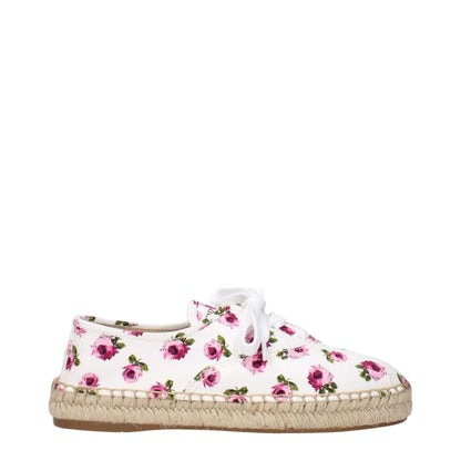 Prada White Fabric Espadrilles with floral design, featuring a woven sole and front logo detail, MPN 1E988L1G3I020F0009.