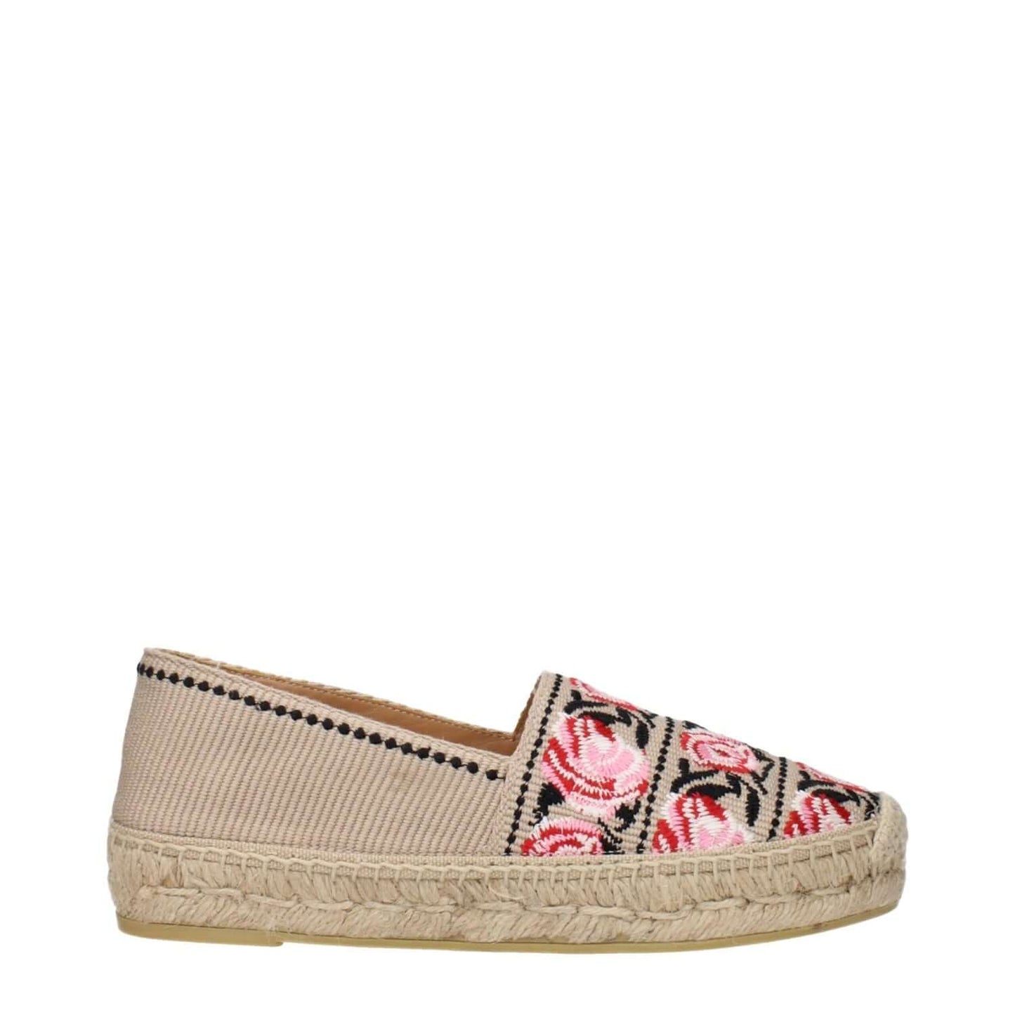 Prada Beige Fabric Espadrilles with floral print design, showcasing detailed stitching and woven sole.