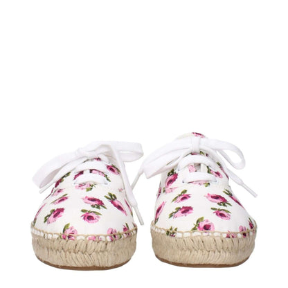 Prada White Fabric Espadrilles with floral design and front logo on white fabric, featuring pink rose pattern and espadrille sole.