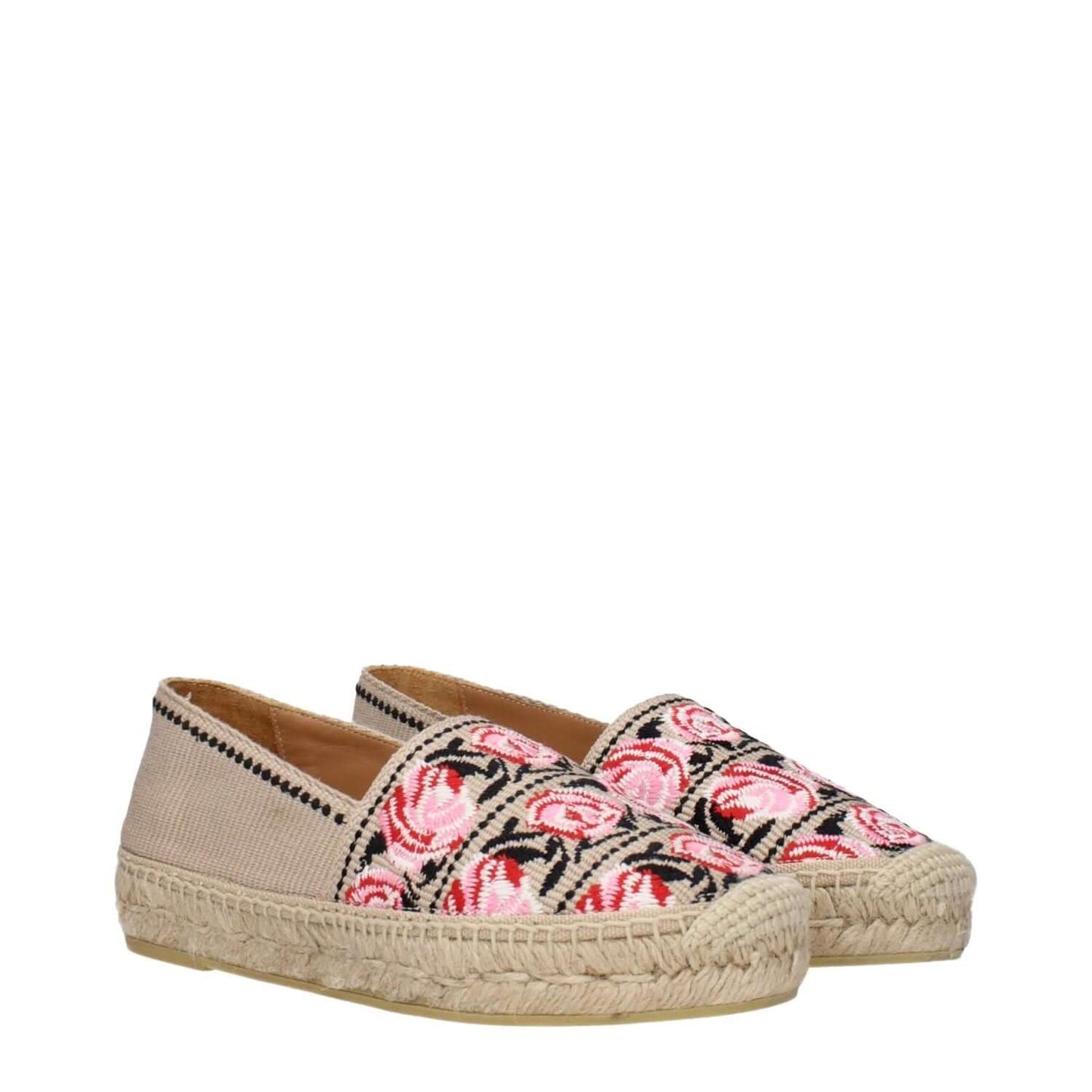 Prada Beige Fabric Espadrilles with floral print and woven sole, side view of stylish designer footwear showcasing intricate design.