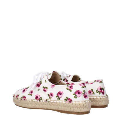 Prada White Fabric Espadrilles with floral patterns, featuring a woven jute sole and front logo. Fashionable summer footwear by Prada.