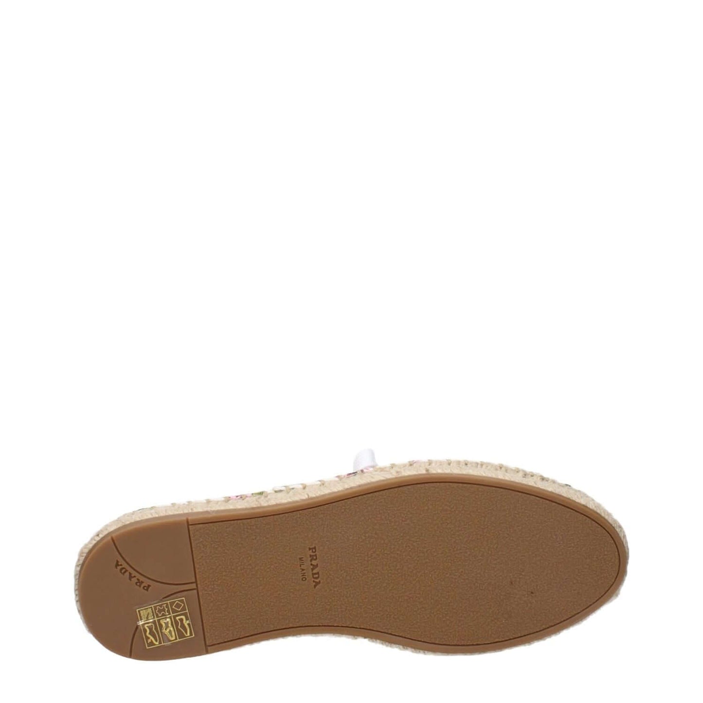 Alt Tag: Bottom view of Prada White Fabric Espadrilles showcasing sole design with logo detailing.