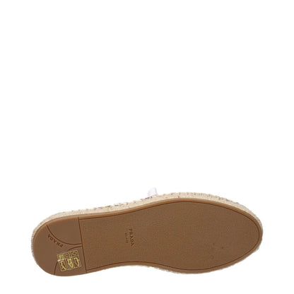 Alt Tag: Bottom view of Prada White Fabric Espadrilles showcasing sole design with logo detailing.