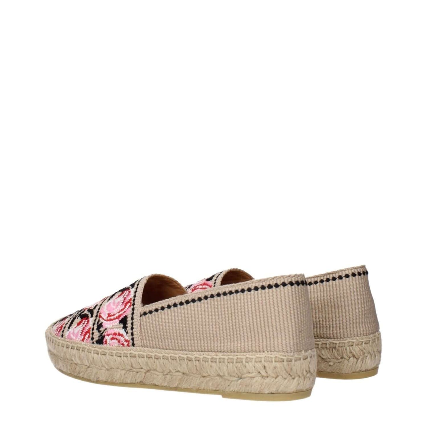 Prada Beige Fabric Espadrilles with floral print, side view of designer shoes featuring beige textured fabric and signature espadrille sole.