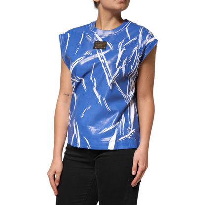 Dolce & Gabbana Blue White Cotton Logo Plaque Women Tank Top