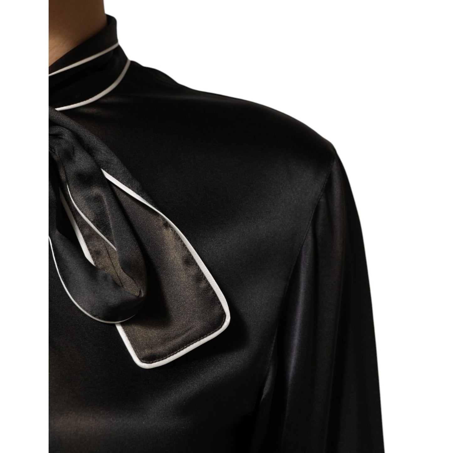 Dolce & Gabbana Black Silk Ascot Collared Button Blouse Top