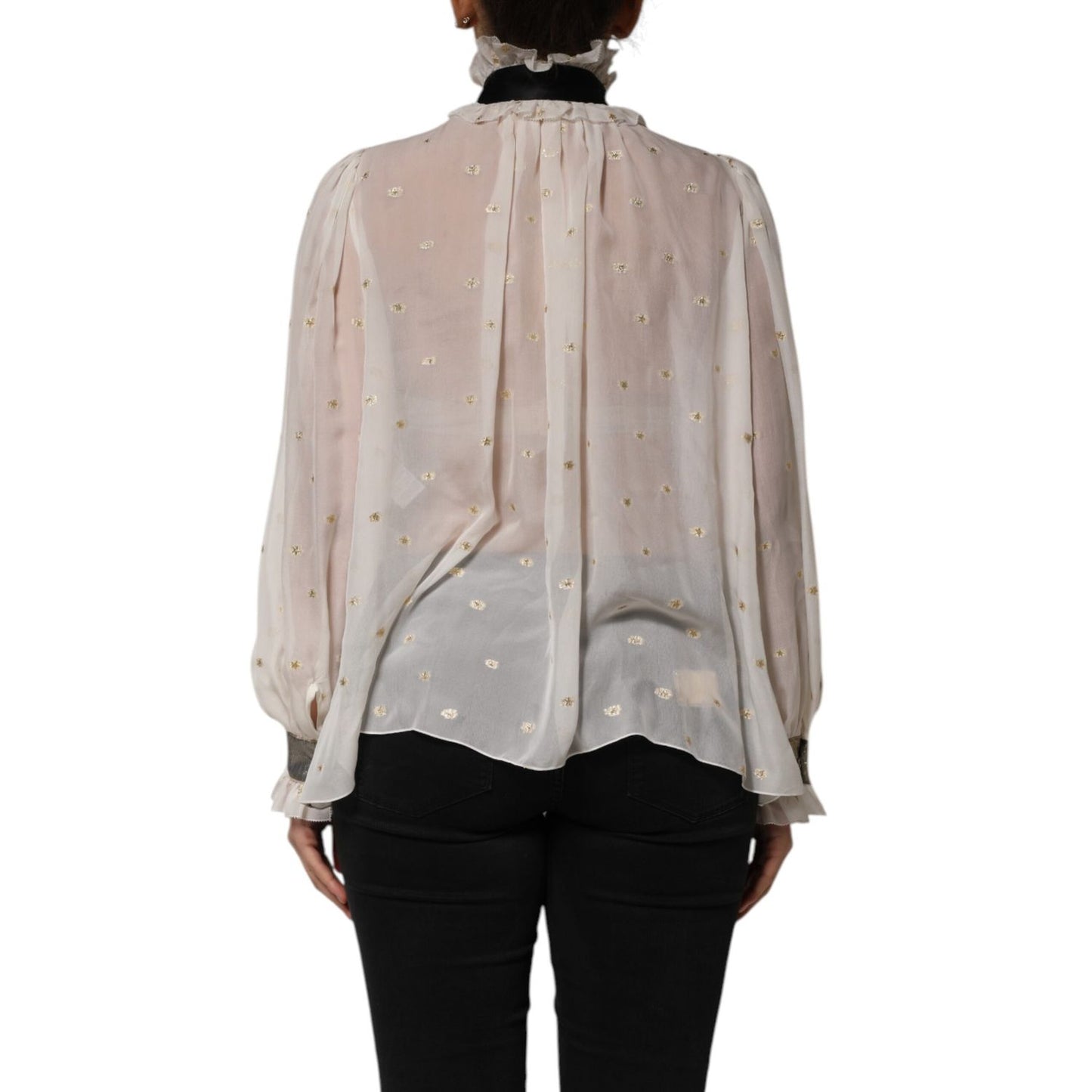 Dolce & Gabbana White Black Silk Long Sleeve Ascot Collar Top