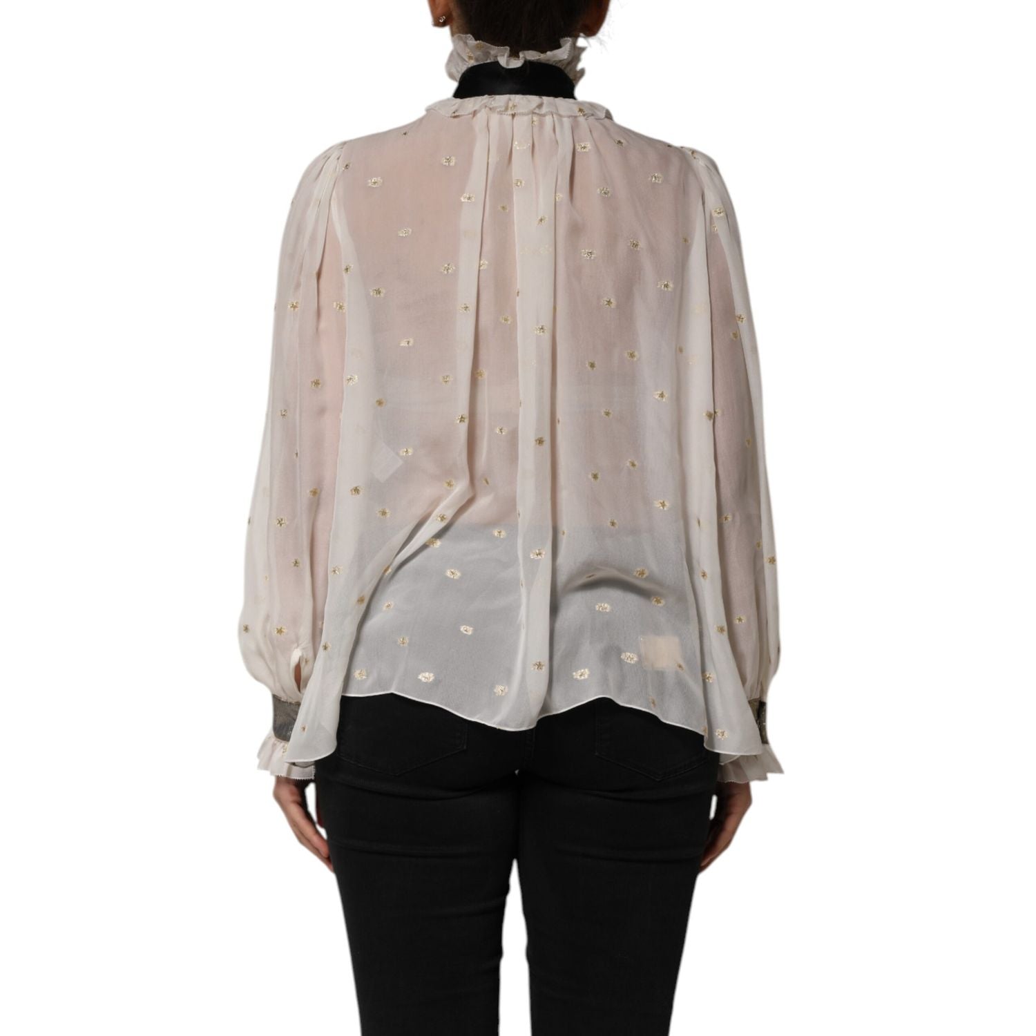 Dolce & Gabbana White Black Silk Long Sleeve Ascot Collar Top