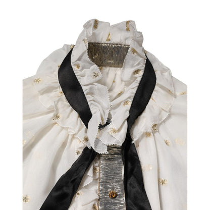 Dolce & Gabbana White Black Silk Long Sleeve Ascot Collar Top