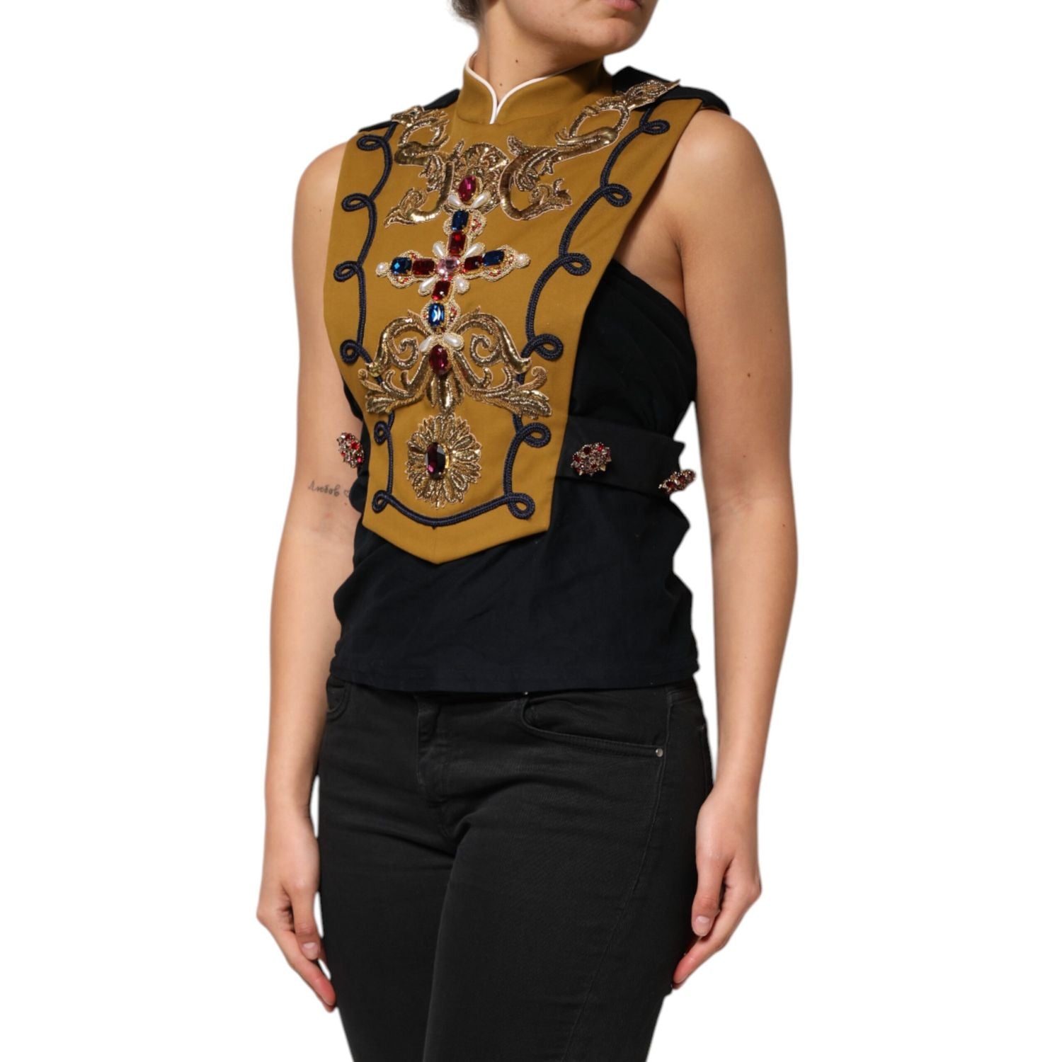 Dolce & Gabbana Yellow Crystal Cross Runway Vest Jacket Top