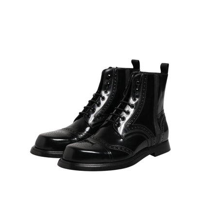 Dolce & Gabbana Black Leather Lace Up Mid Calf Boots Shoes
