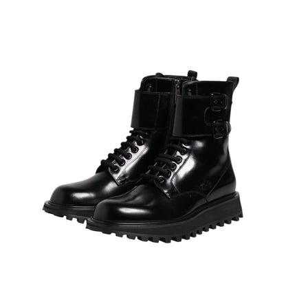 Dolce & Gabbana Black Leather Lace Up Mid Calf Boots Shoes