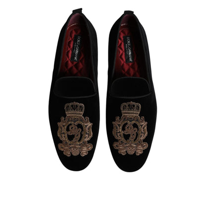 Dolce & Gabbana Black Velvet Gold Crown Mens Loafers Shoes