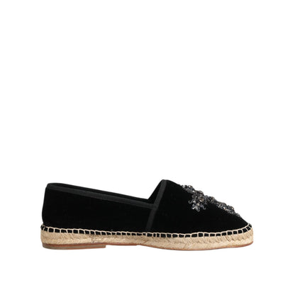 Dolce & Gabbana Black Cross Crystal Slip On Espadrille Shoes