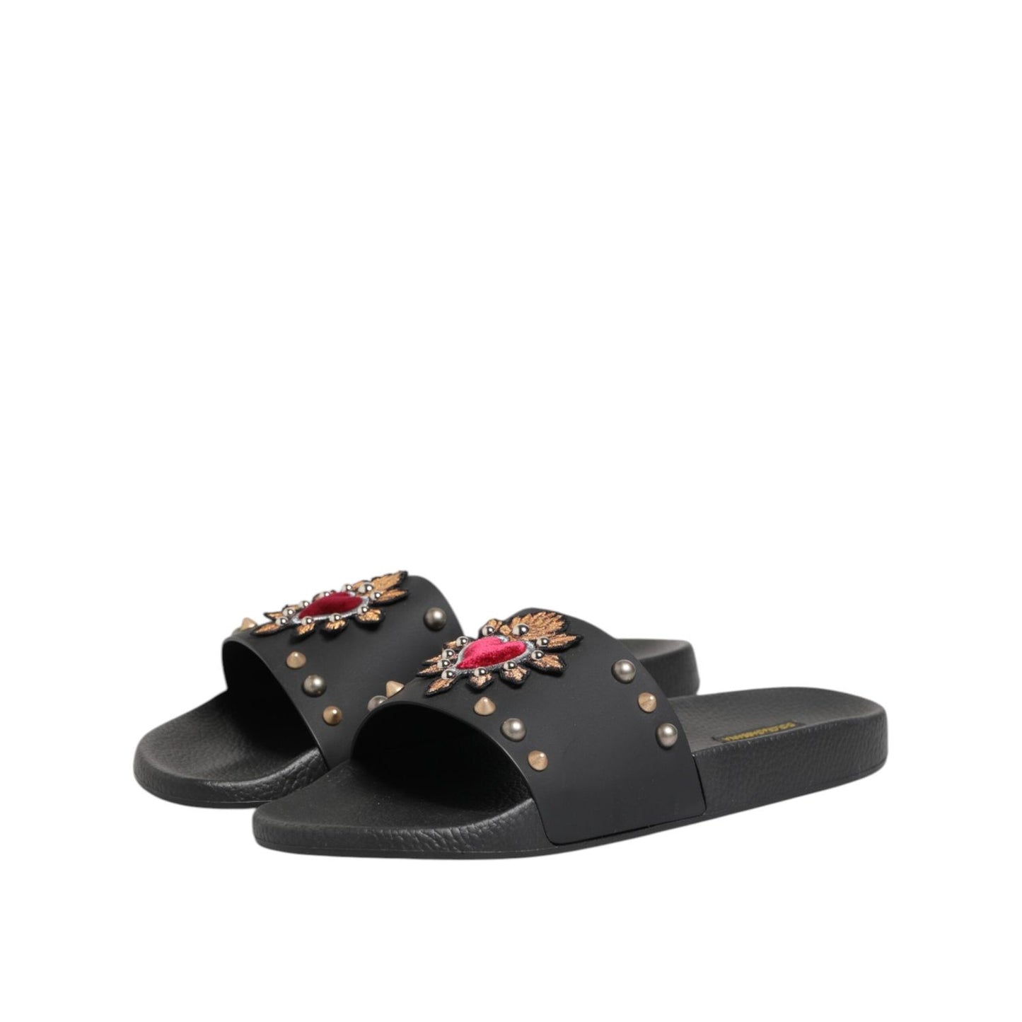 Dolce & Gabbana Black Rubber Sacred Heart Slides Men Beachwear Shoes