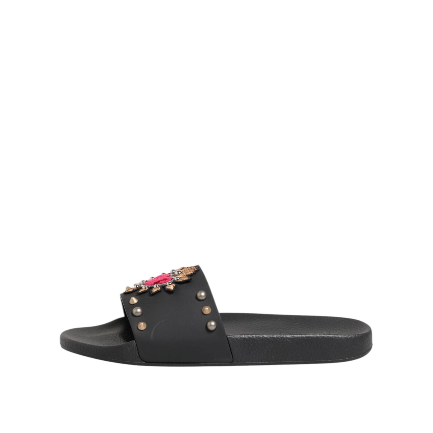 Dolce & Gabbana Black Rubber Sacred Heart Slides Men Beachwear Shoes