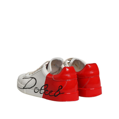 Dolce & Gabbana White Red Leather Logo Low Top Sneakers Shoes