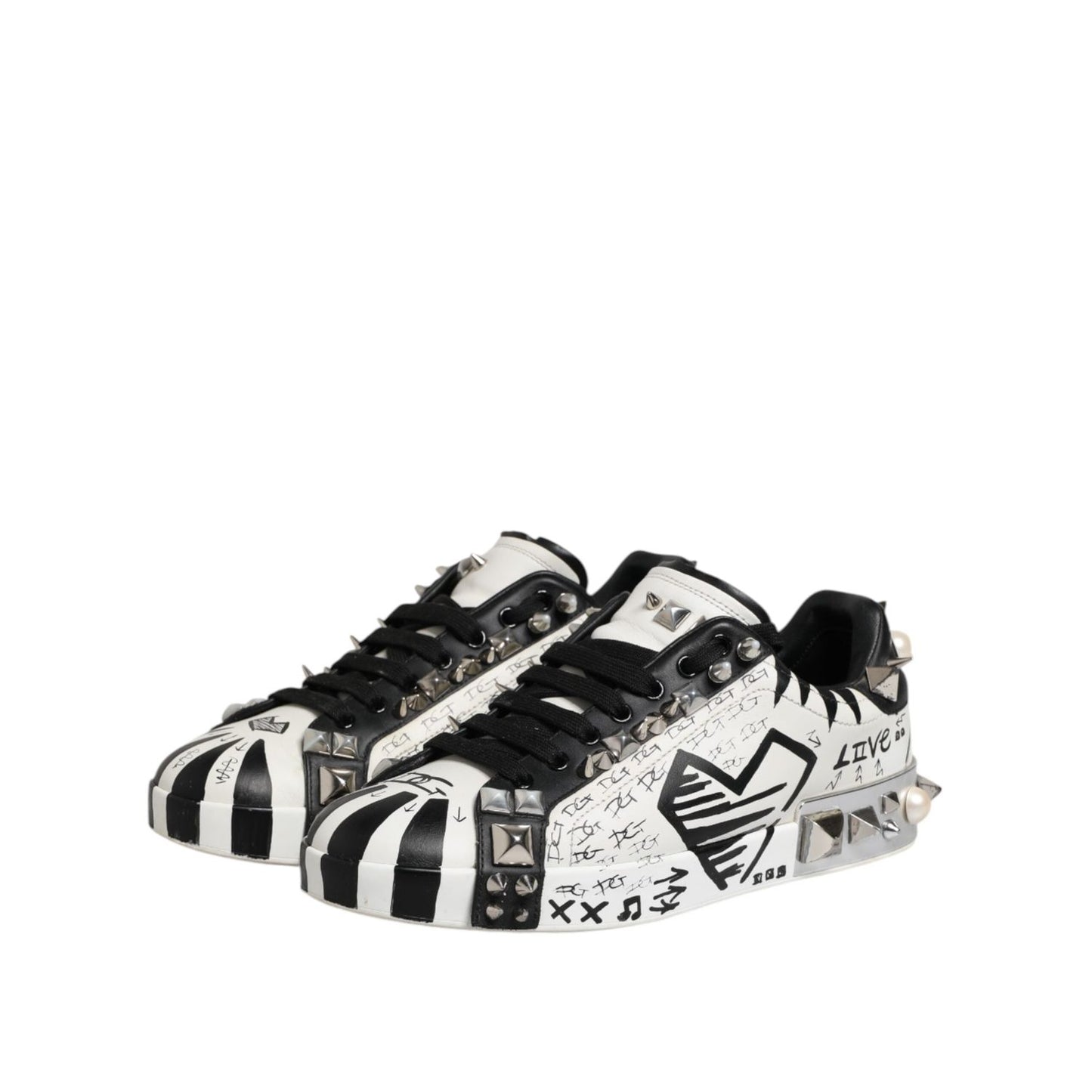 Dolce & Gabbana Black White Studded Low Top Sneakers Shoes