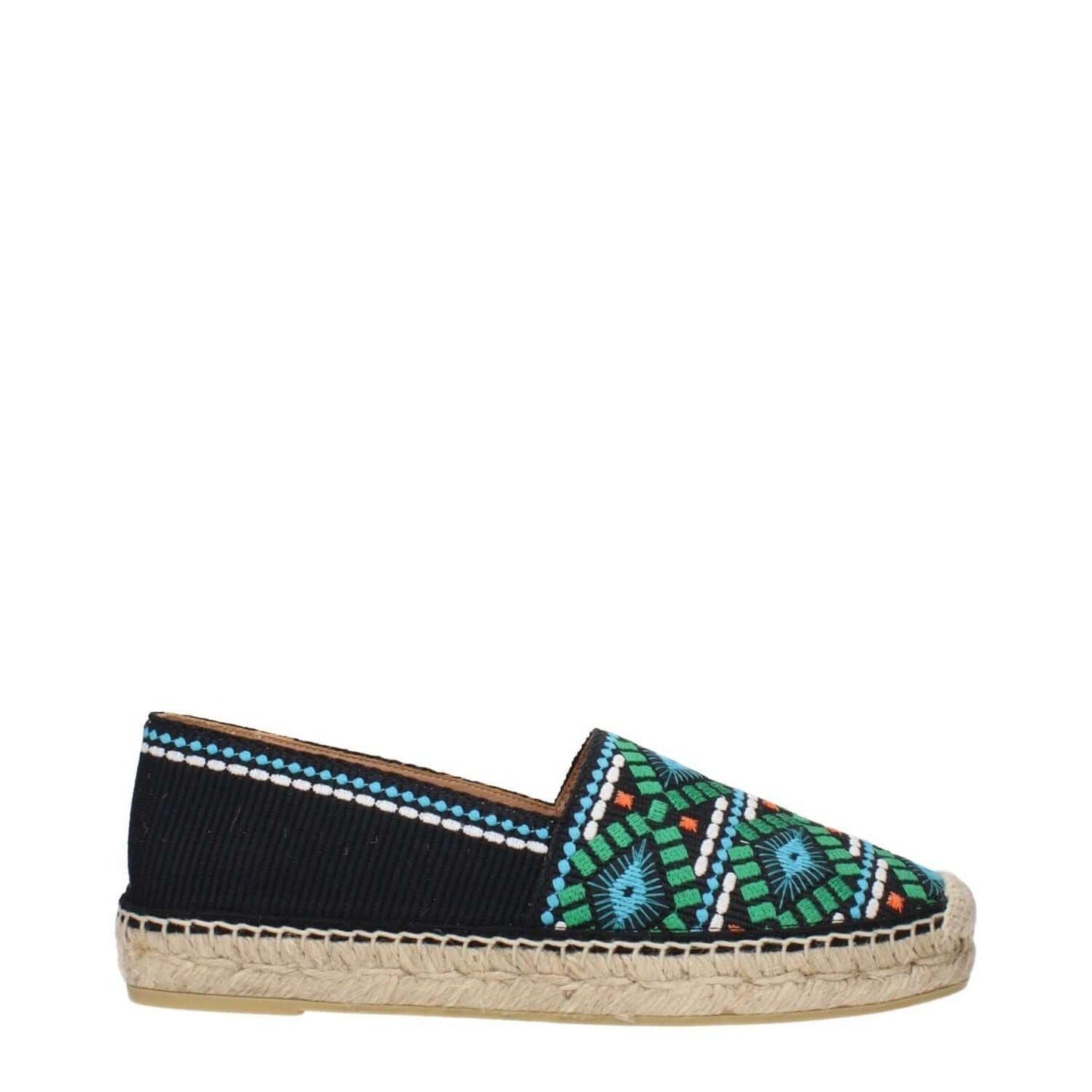Prada Black Fabric Espadrilles with colorful print design, side view.