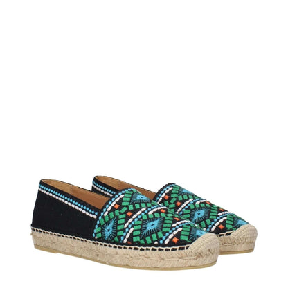 Prada Black Fabric Espadrilles with colorful print detailing.