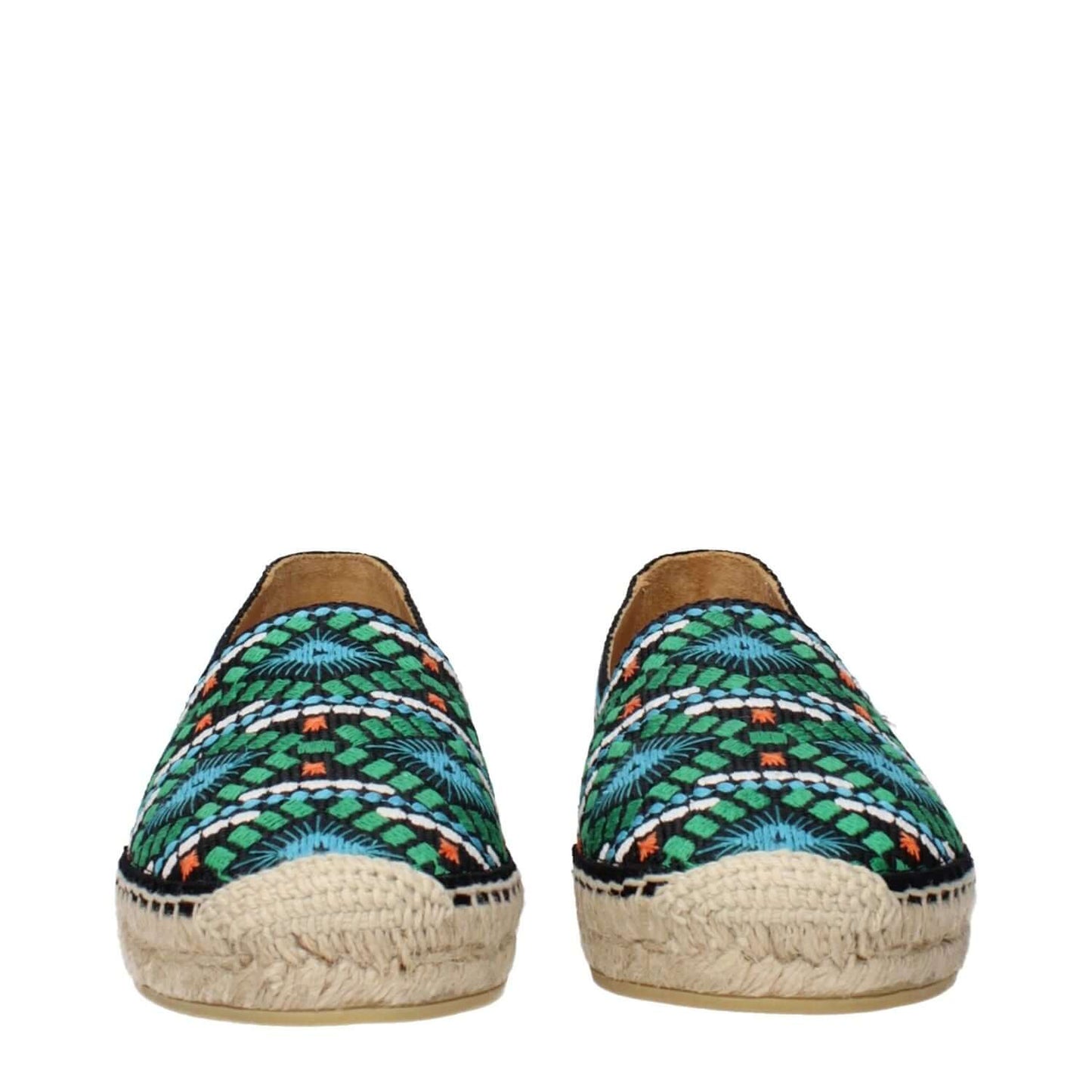Prada Black Fabric Espadrilles featuring green and blue printed design with a woven sole, stylish and comfortable.