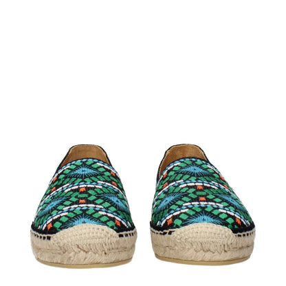 Prada Black Fabric Espadrilles featuring green and blue printed design with a woven sole, stylish and comfortable.