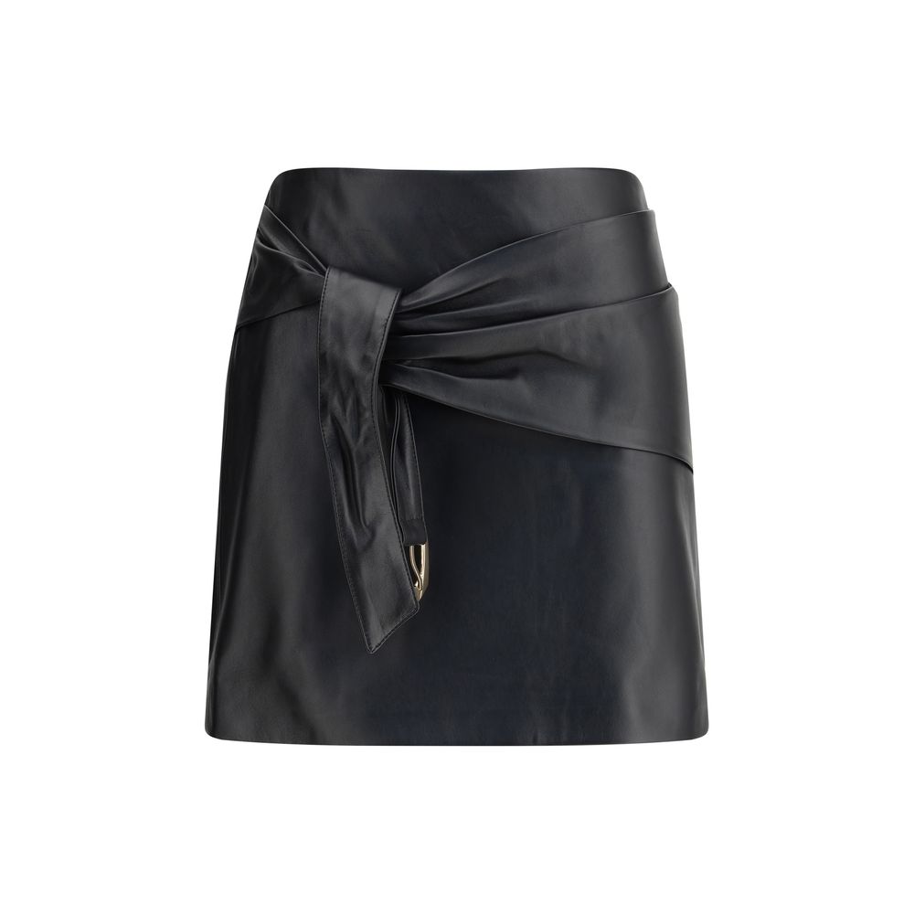 Versace Black Lamb Ovis Aries Aries Mini Skirt with decorative knot, crafted from soft leather, elegant design for AW25 season.