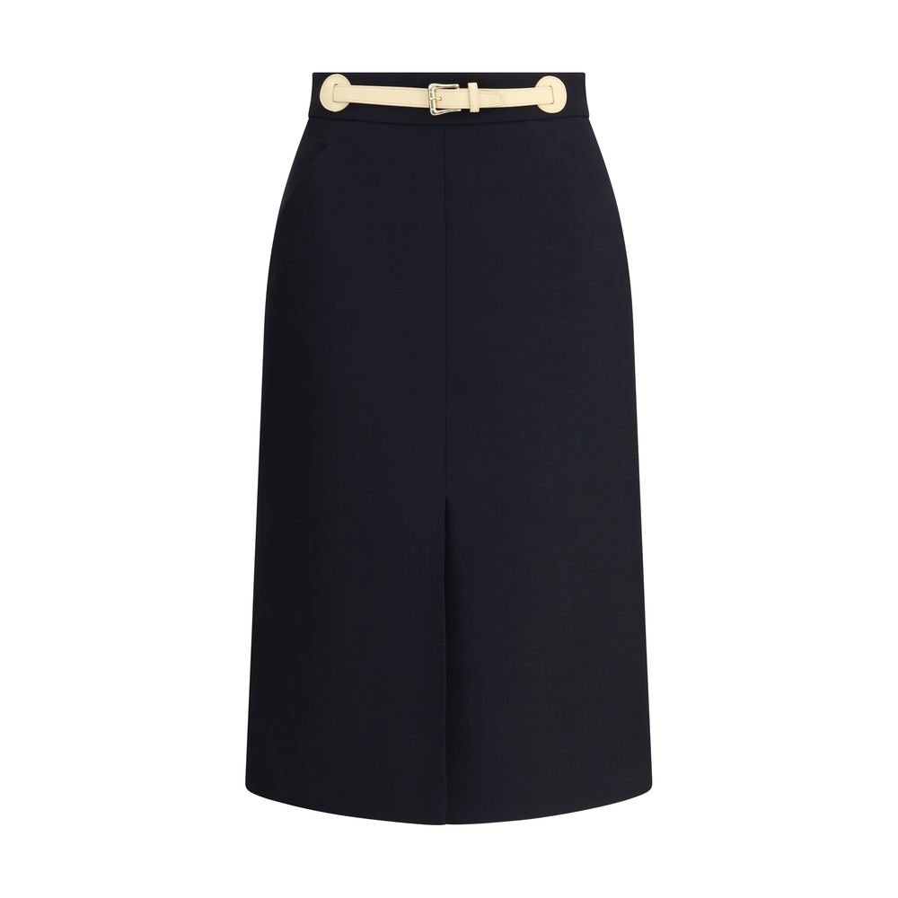Valentino Black Fleece Wool Midi Skirt with leather belt and front slit, featuring back zipper and side welt pockets, elegant AW25 design.