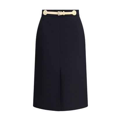 Valentino Black Fleece Wool Midi Skirt with leather belt and front slit, featuring back zipper and side welt pockets, elegant AW25 design.