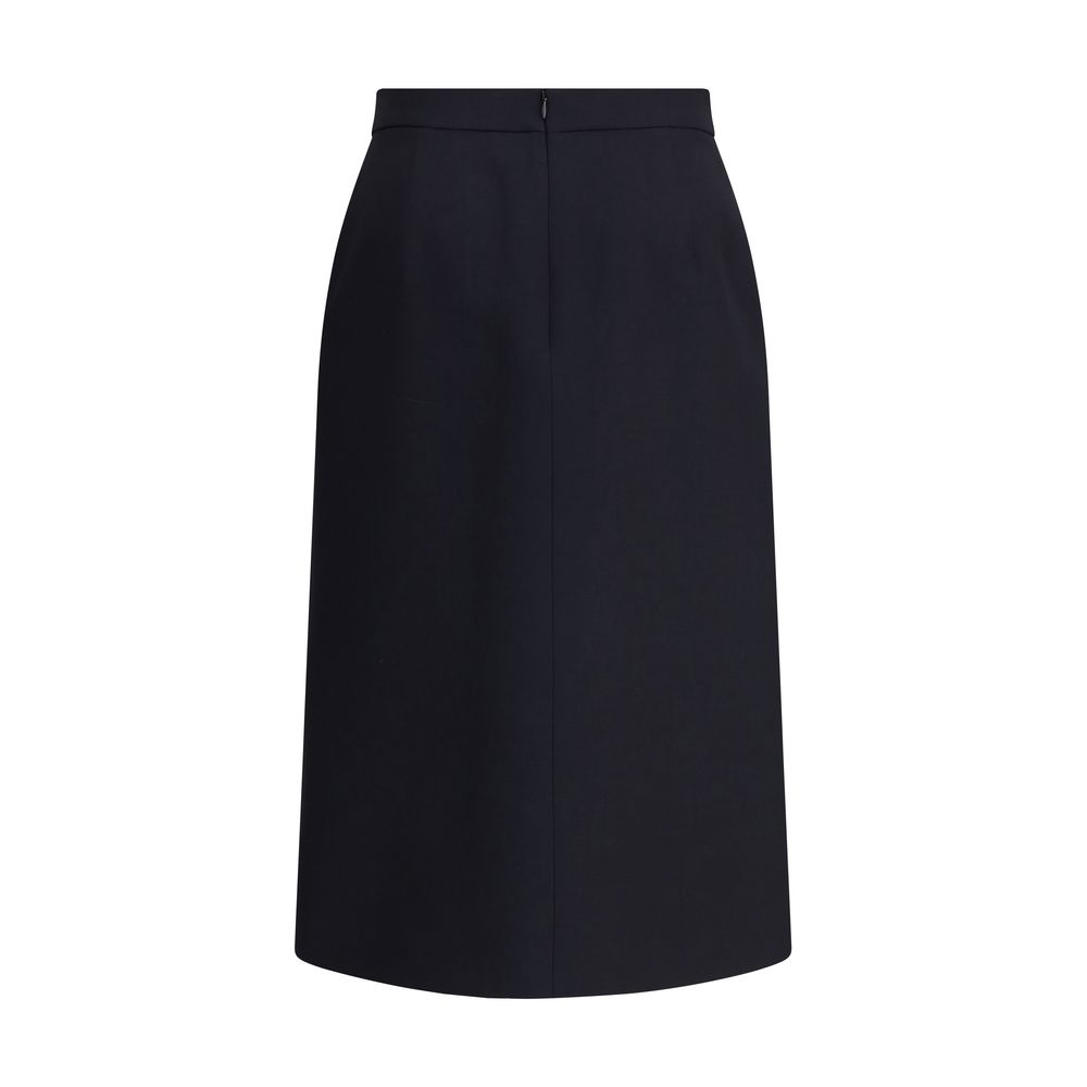 Valentino Black Fleece Wool Midi Skirt with back zipper, leather belt, and front slit for elegance and functionality, made in Italy.