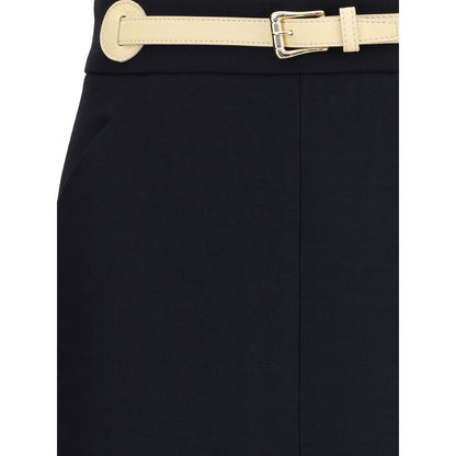 Valentino Black Fleece Wool Midi Skirt with leather belt and pockets, showcasing elegant design with front slit, perfect for AW25 season.